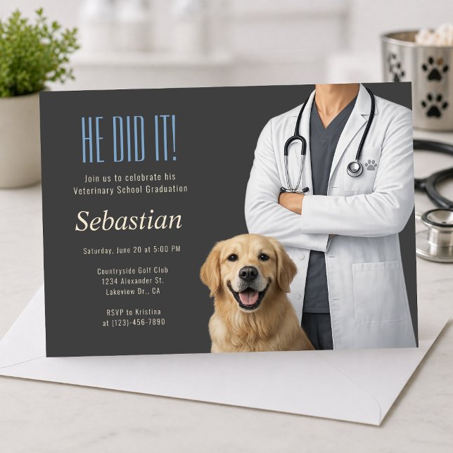 Utexamensfest för veterinärstudenter Inbjudan (Modern veterinary graduation invite with dog, clean elegant design)