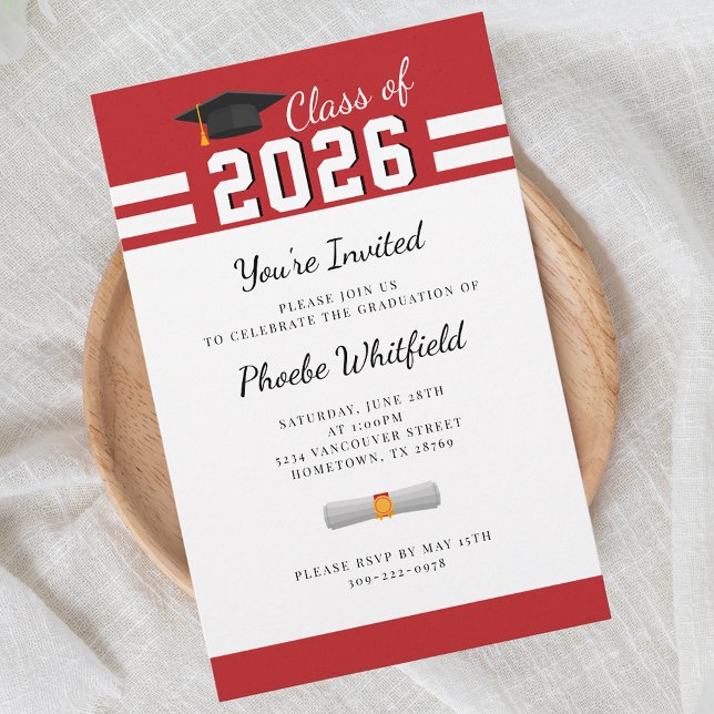 Utexaminerad 2026 Röd Vit Examenfest Brevpapper (Graduation 2025 Red White Bold Grad Party Invitation)
