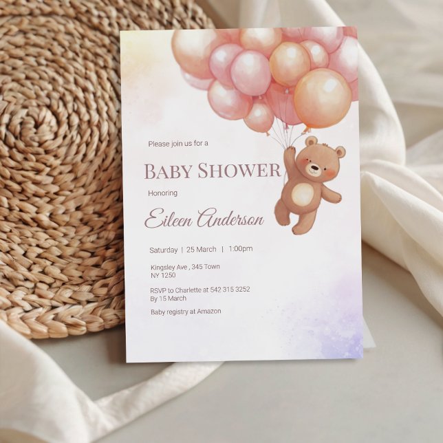 Utfall med ballonger, babyutsändning inbjudningar (Cute Bear with Balloons Baby Shower Invitation)