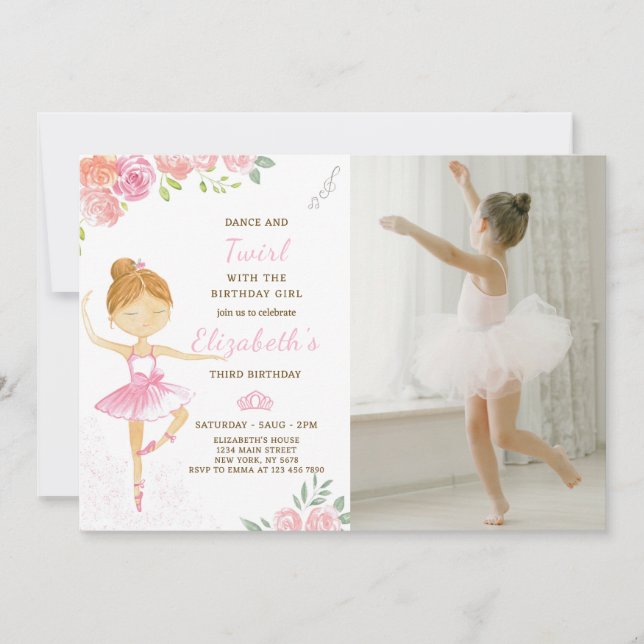 Utfall Rosa Ballerina födelsedagsinbjudan med foto Inbjudningar (Framsida)