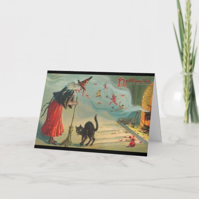 Utfärda Viktorian Witch & Cat Halloween-kort igen Kort (Framsida)