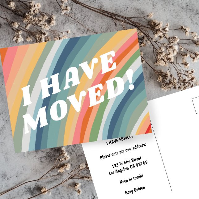 UTFlyttningsmeddelande Färgglada ränder Retro regn Vykort (MOVING ANNOUNCEMENT New Address Colorful Stripes Retro Soft Rainbow Postcard
)