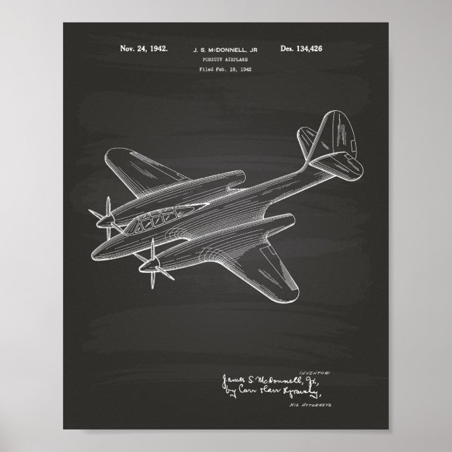 Utföra flygplanet 1942 Patent Art Chalkboard Poster (Framsidan)