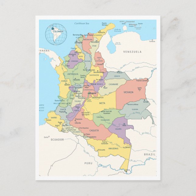 Utförlig karta i Colombia Vykort (Framsida)