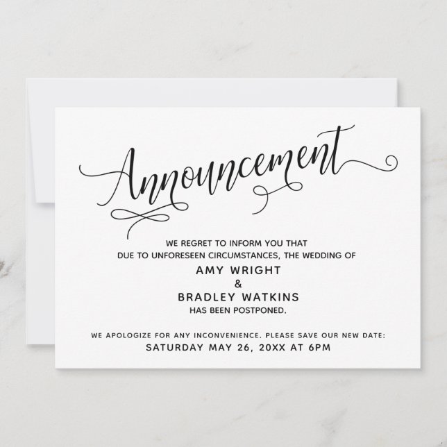 Utförligt manus uppskjuten bröllopsannons inbjudningar (Framsida)