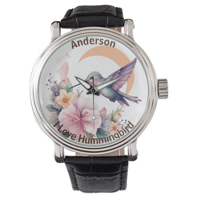 Utforma ditt eget namn på vattenfärgen Hummingbird Armbandsur (Framsida)