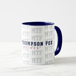 utforma ett monogrammat, namn + initialer, blått mugg