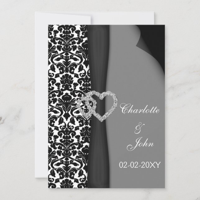 Utformning av Black and White Damask FAUX-band med Inbjudningar (Framsida)