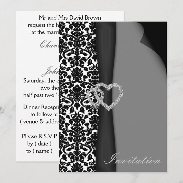 Utformning av Black and White Damask FAUX-band med Inbjudningar (Fram/baksida)