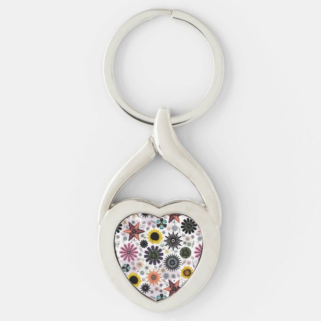 Utformning av blommigt i färg twisted heart silverfärgad nyckelring (Framsidan)