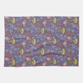 Utformning av blommigt med blommor och frukter. kökshandduk