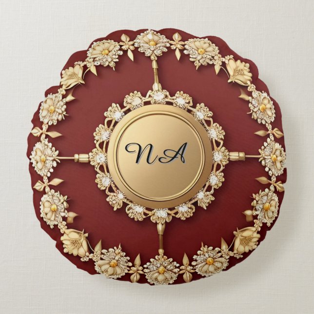 Utformning av Blommigten Ornate Guld Rund Kudde (Framsidan)