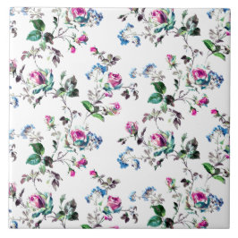 Utformning av Blommigten rosa ros och Blåa blommor Kakelplatta