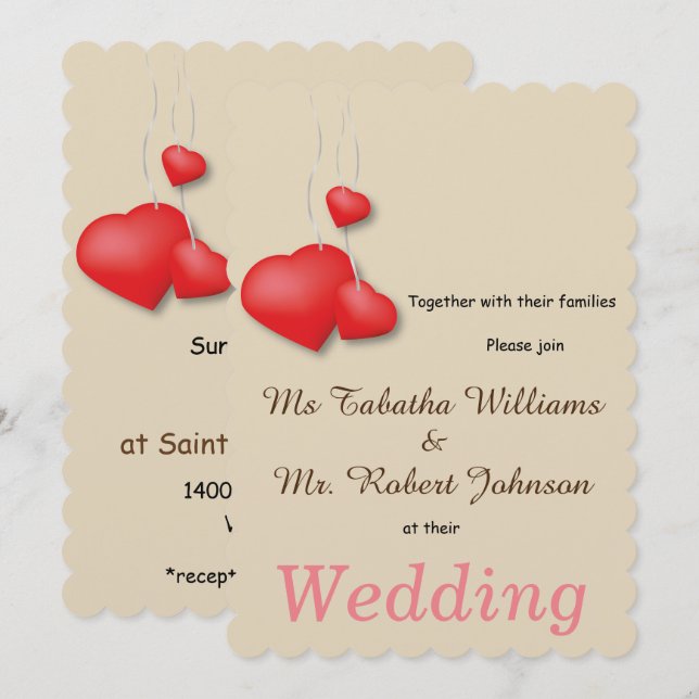 Utformning av bröllopsinbjudan för Cute Red Hearts Inbjudningar (Fram/baksida)