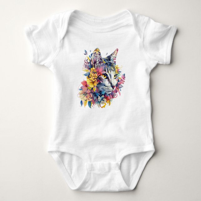 Utformning av Cat Ansikte i Cute Blommigt T Shirt (Framsida)
