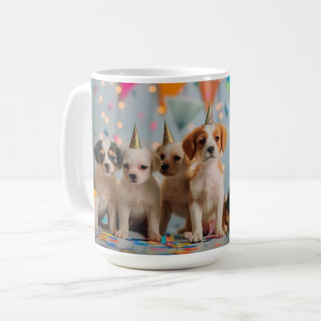 Utformning av Cute Puppies Födelsedagsfest Firande Kaffemugg (Framsida vänster)