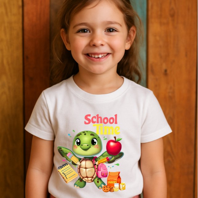 Utformning av Cute Turtle "School Time" Back to sc T Shirt (Adorable cartoon turtle ready for schoo)