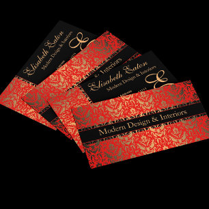 Utformning av elegant Red, Guld och Black Damask F Visitkort