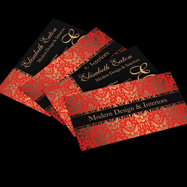 Utformning av elegant Red, Guld och Black Damask F Visitkort (Skapare uppladdad)