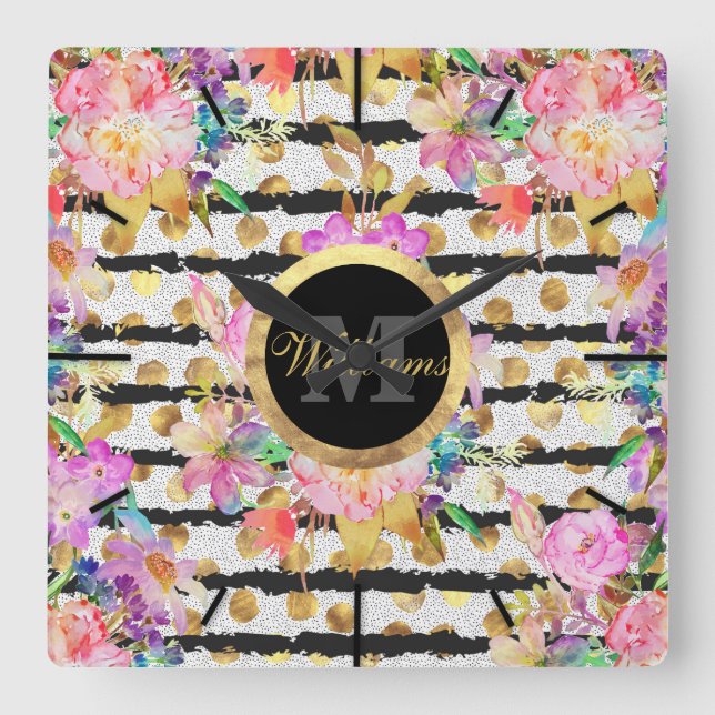 Utformning av elegant vår blommor och rand fyrkantig klocka (Framsida)