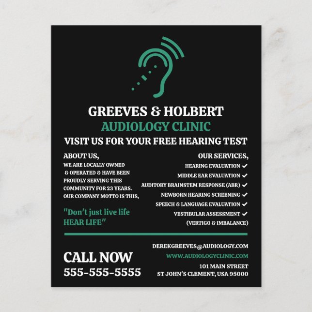 Utformning av förhörsstöd, ljudtekniker, ljudklini flygblad (Framsidan)