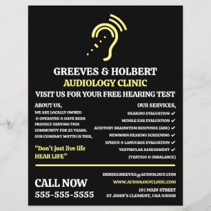 Utformning av förhörsstöd, ljudtekniker, ljudklini reklamblad