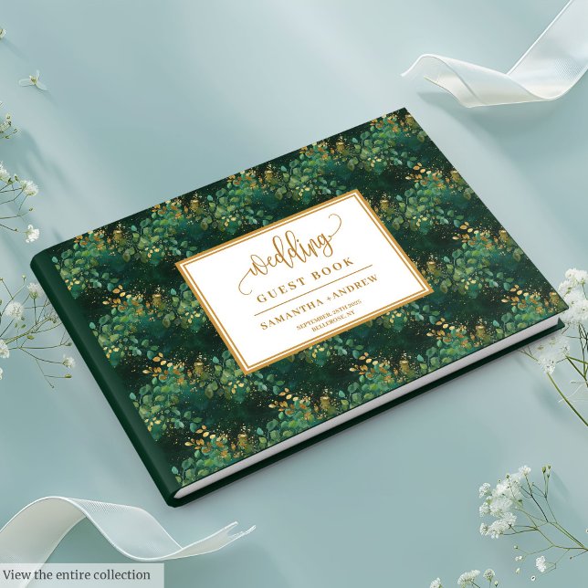 Utformning av gästgästgästen bok i grönt guld (Deep green gold foliage wedding guest book design

)