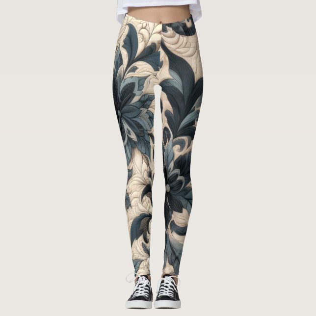 Utformning av  grädde och marin blå Blommigt Leggings (Framsida)