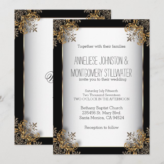 Utformning av Guld Ornate på svartvitt-inbjudan Inbjudningar (Fram/baksida)
