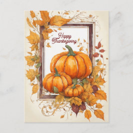 Utformning av happy thanksgiving med pumpa och löv helg vykort