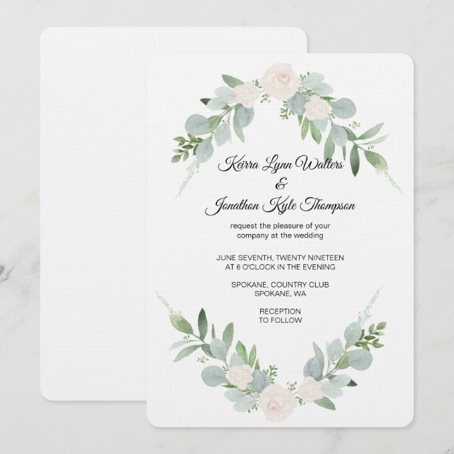 Utformning av inbjudan till Greenery & White Weddi (Fram/baksida)