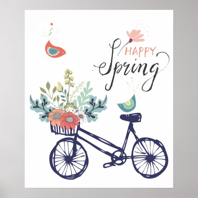 Utformning av lycklig vår: cykel, blommor och fågl poster (Framsidan)