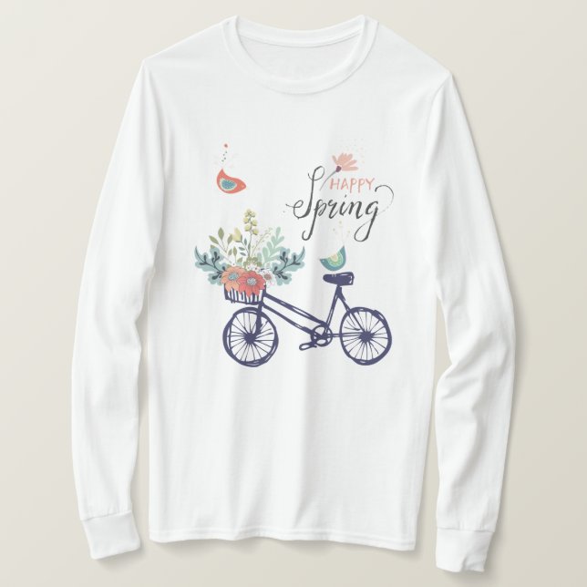 Utformning av lycklig vår: cykel, blommor och fågl t shirt (Design framsida)