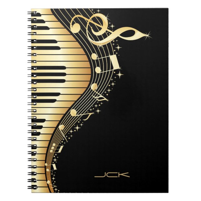 Utformning av Monogram Elegant Black och Guld Musi Anteckningsbok (Framsidan)