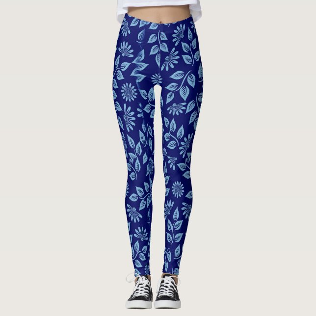 Utformning av Mute Blue Löv Abstrakt Mönster Leggings (Framsida)