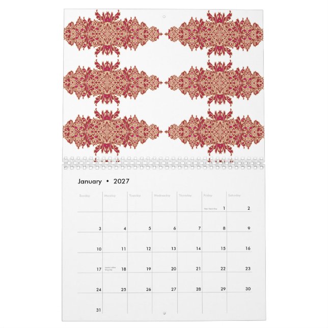 Utformning av röd och orange blommigt med dekoratd kalender (Jan 2027)