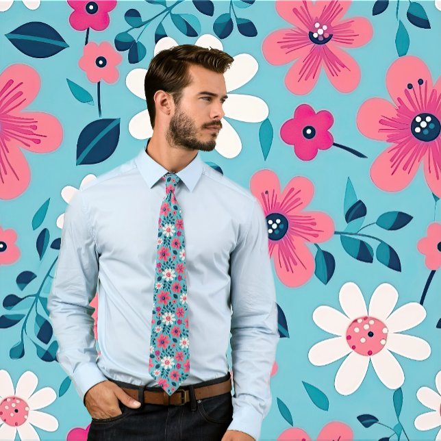 Utformning av röd och vit Blommigt på ljusblå Slips (Man wears a floral design necktie featuring red and white flowers on a light blue.)