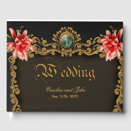 Utformning av royal guld och röd blommigt gästböcker