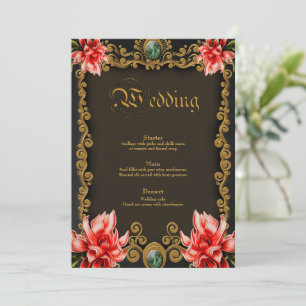Utformning av royal guld och röd blommigt meny