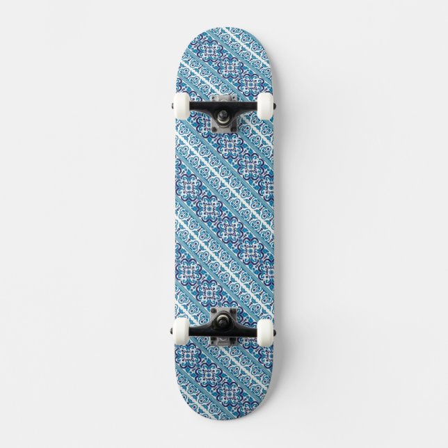 Utformning av ukrainskt mönster, ruttblått, dekora mini skateboard bräda 18,5 cm (Framsida)