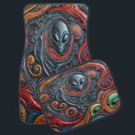 Utforska Alien Artistry Mysteries Bilmatta<br><div class="desc">Intricate mönster snurrar runt figurer,  visar upp vibrerande färg och detaljerat struktur.</div>