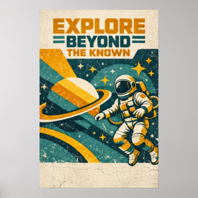 Utforska bortom det kända — Retro rymdresa Poster (Framsidan)