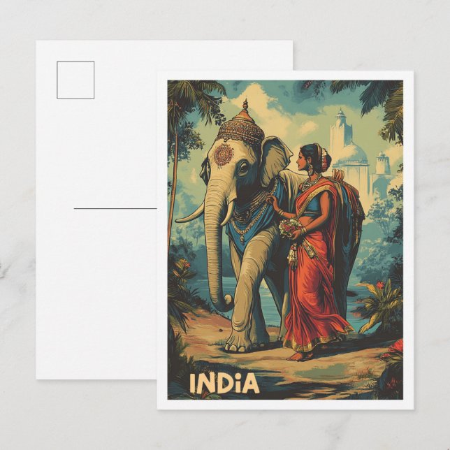 Utforska Indien Vintage Resa Illustration Vykort (Fram/baksida)