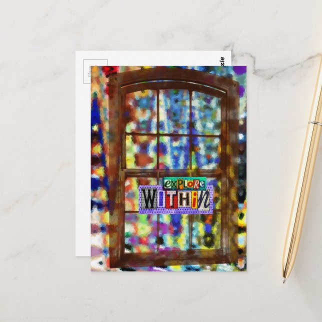 Utforska Inifrån Fönster Mixed Media Collage Vykort (Fram/Back In Situ)