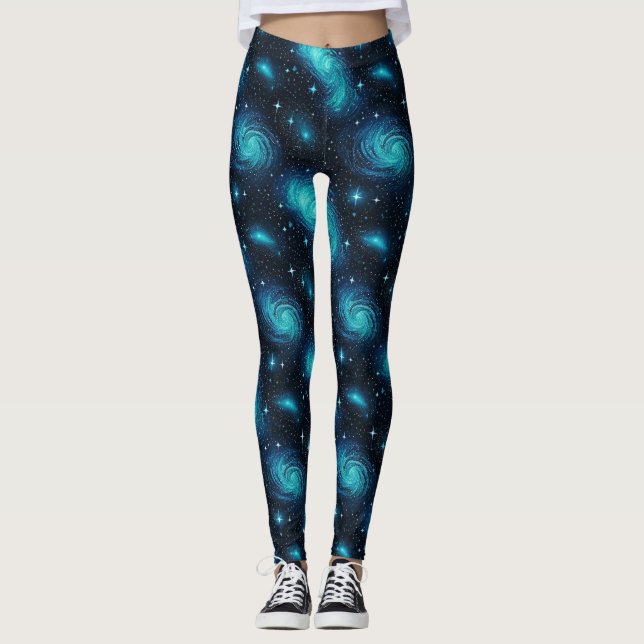 Utforska kosmos i livfulla blå galaxleggings leggings (Framsida)