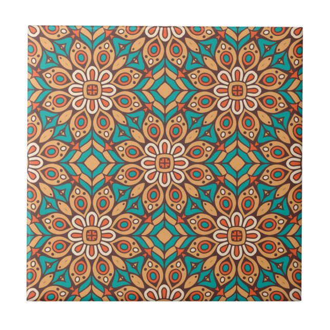 Utforska livfulla blommotiv i geometriskt mönster kakelplatta (Framsidan)
