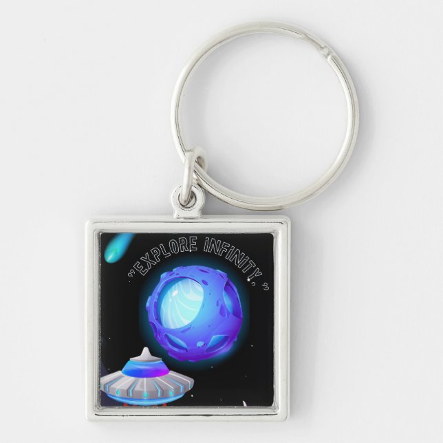 Utforska oändlighet fyrkantig silverfärgad nyckelring (Framsidan)