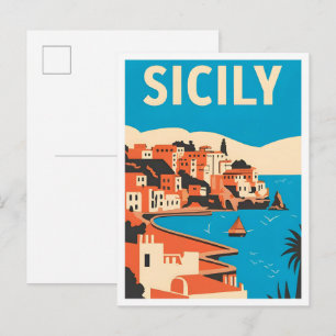 Utforska Sicilien Italien Vintage Resa Illustratio Vykort