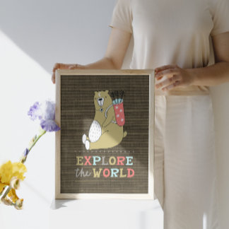 Utforska världens boho Bear Kids Poster
