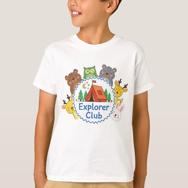 Utforskarklubbens Barn Camping Djur Konst T Shirt (Framsida)
